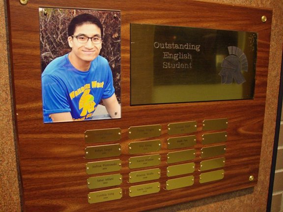 Mark Cui Pan's Outstanding English Student Award plaque